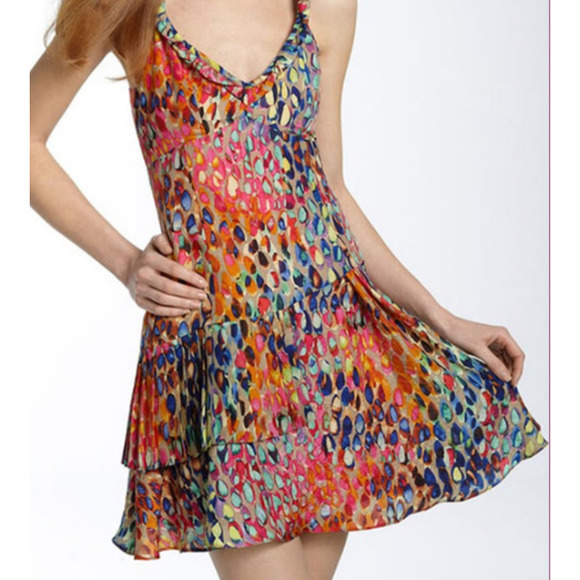 Nanette Lepore Multicolored Bright Raindrop Print A-Line Dress 8 Pink Orange - Picture 2 of 11